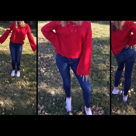 Kate C. Red  Crochet Long Sleeve Cropped  Sweater Size Small/Medium - Picture 5 of 10